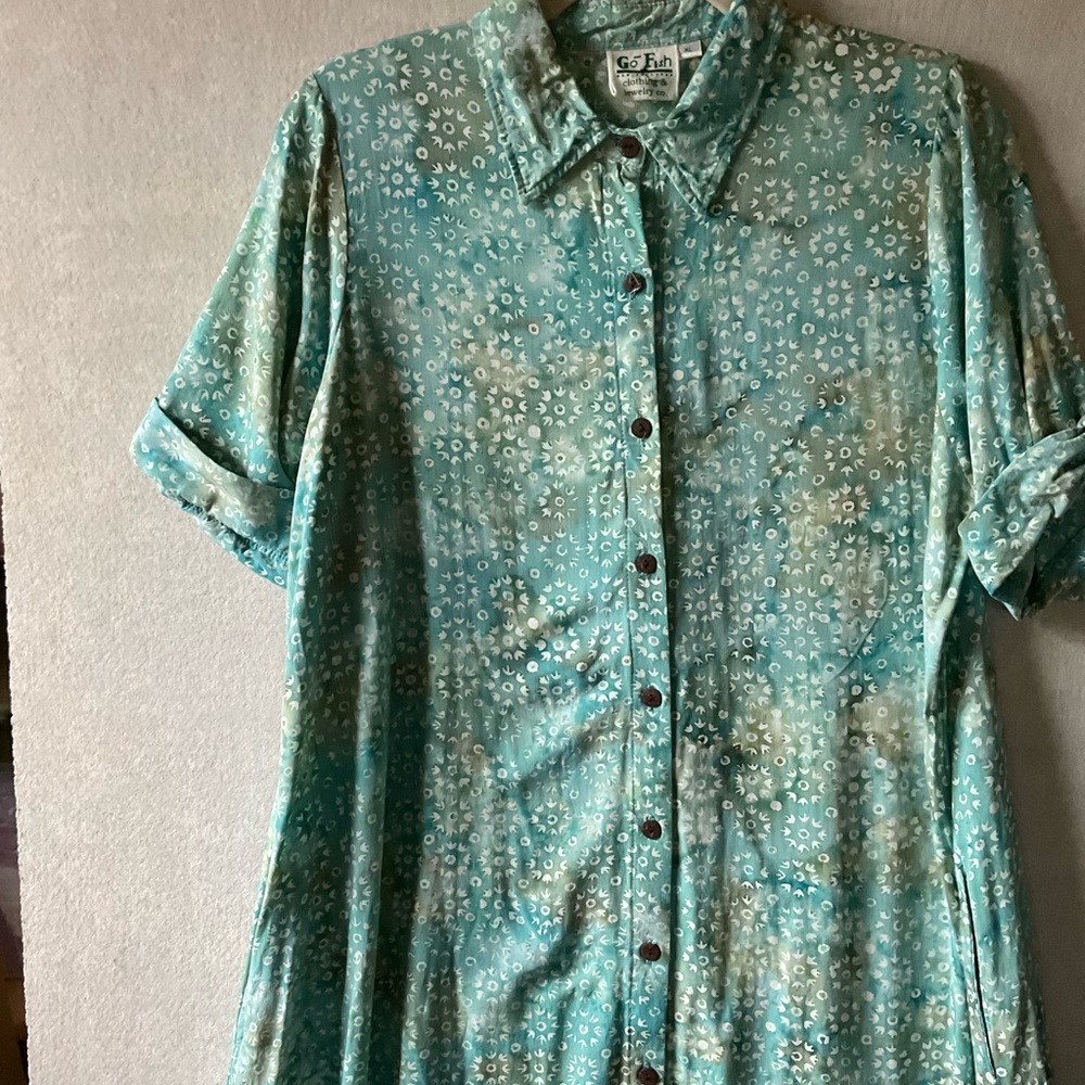Go Fish Floral Teal Button-Up Dress. Hi-lo hem. Short sleeves. Size XL - Picture 3 of 11
